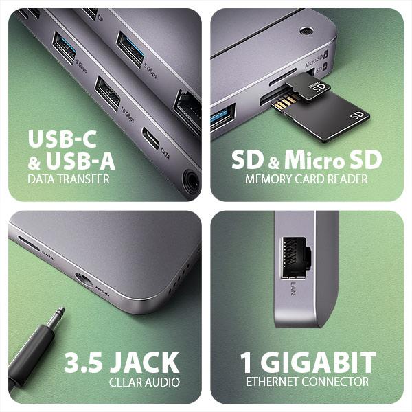 AXAGON HMC-12GM2, USB 10Gbps hub, 3x USB-A, USB-C, HDMI, DP, RJ-45 GLAN, M.2, SD/ mSD, audio, PD 