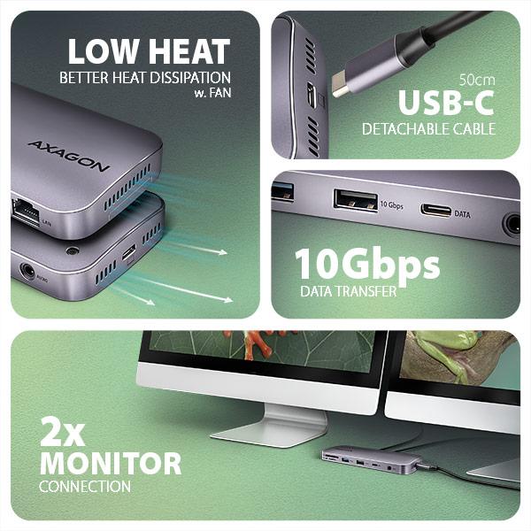 AXAGON HMC-12GM2, USB 10Gbps hub, 3x USB-A, USB-C, HDMI, DP, RJ-45 GLAN, M.2, SD/ mSD, audio, PD 