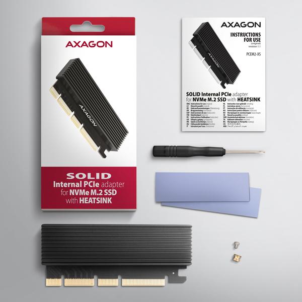 AXAGON PCEM2-XS, PCIe x16 - M.2 NVMe M-key slot adaptér, kryt s chladičom pre pasívne chladenie 