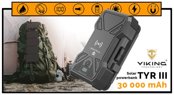 Solárna powerbanka VIKING TYR III/ Output: 1xUSB-C, 2xUSB-A/ Wireless charge 15W max/ 30000mAh/ LED svetlo 