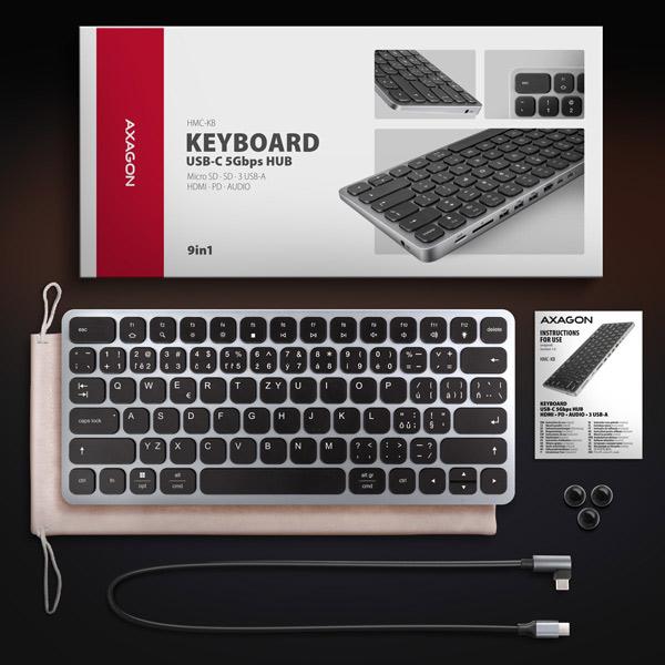 AXAGON HMC-KB-CS, USB 5Gbps hub s CZ/ SK klávesnicou, HDMI 4K/ 60Hz, 3x USB-A, SD/ mSD, audio, PD 100W 