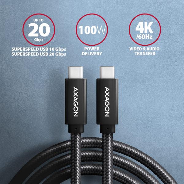 AXAGON BUCM32-CM15AB, SPEED+ kábel USB-C <-> USB-C, 1.5m, USB 20Gbps, PD 100W 5A, 4K HD, ALU, oplet 
