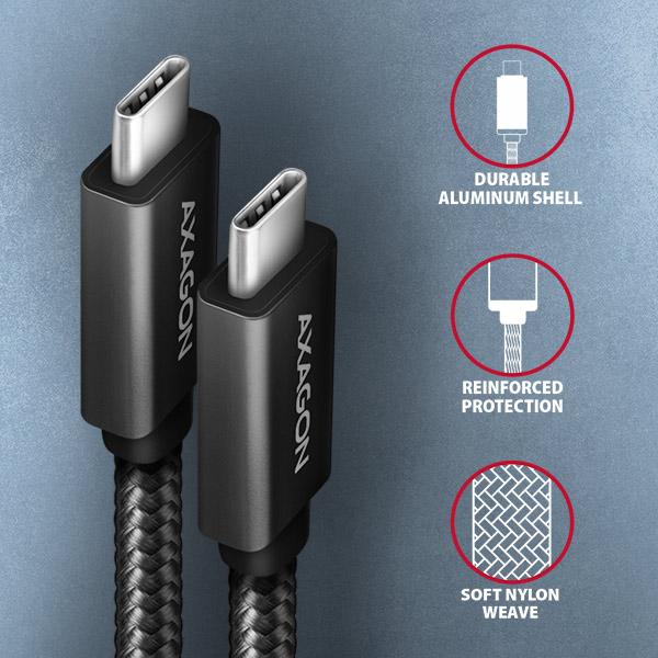 AXAGON BUCM32-CM15AB, SPEED+ kábel USB-C <-> USB-C, 1.5m, USB 20Gbps, PD 100W 5A, 4K HD, ALU, oplet 