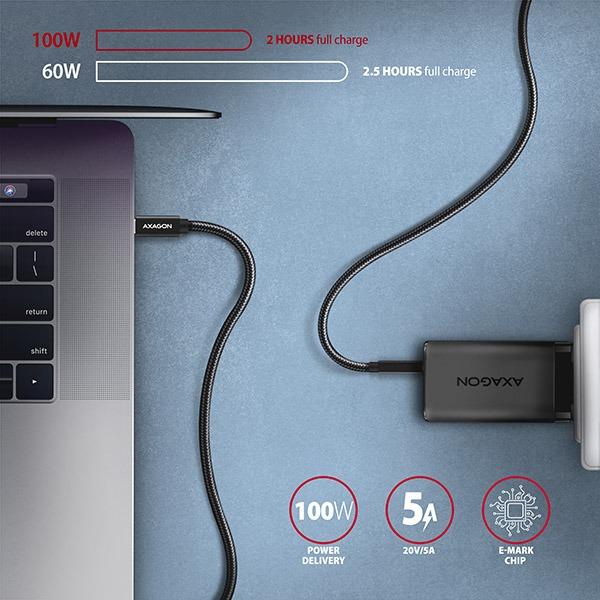 AXAGON BUCM32-CM15AB, SPEED+ kábel USB-C <-> USB-C, 1.5m, USB 20Gbps, PD 100W 5A, 4K HD, ALU, oplet 