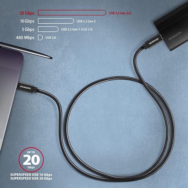 AXAGON BUCM32-CM15AB, SPEED+ kábel USB-C <-> USB-C, 1.5m, USB 20Gbps, PD 100W 5A, 4K HD, ALU, oplet 