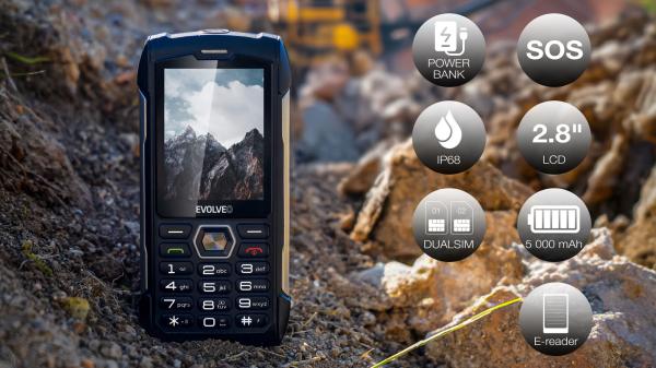 EVOLVEO StrongPhone H1, IP68 odolný Dual SIM telefón, 2, 8" LCD, 5000mAh, Powerbanka, čierno-strieborný 