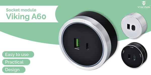 Zásuvkový modul Viking A60B, čierna/ výstupy - 1xUSB-A, 1xUSB-C/ výkon až 2500W/ 230V, 16A, 50Hz 