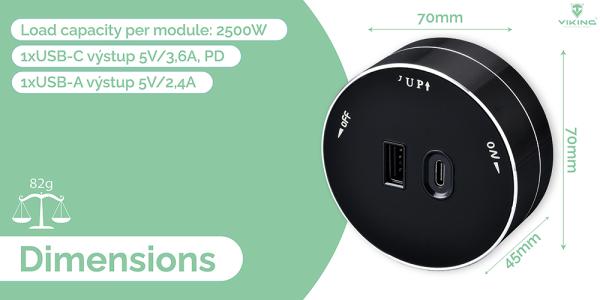 Zásuvkový modul Viking A60B, čierna/ výstupy - 1xUSB-A, 1xUSB-C/ výkon až 2500W/ 230V, 16A, 50Hz 