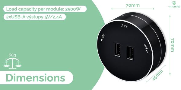 Zásuvkový modul Viking A50S, strieborná/ výstupy - 1xUSB-A/ výkon až 2500W/ 230V, 16A, 50Hz 