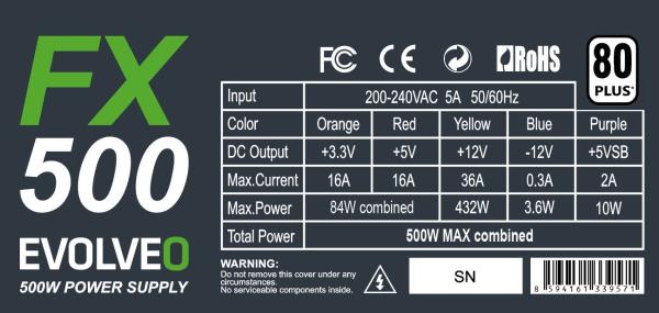 EVOLVEO FX 500, zdroj 500W ATX, 14cm, 80+, White, 3YRW 