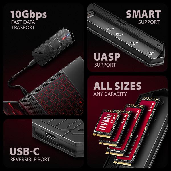 AXAGON EEM2-GAM, USB-C 10Gbps - NVMe & SATA SSD GAME M.2 box, bezskrutkový 