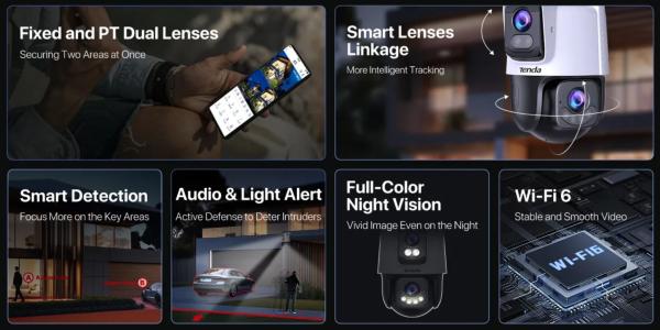 Tenda RH9-WCA - Vonkajšia otočná Dual Lens IP65 WiFi 6 MPx kamera, nočná LED, audio, detekcia, CZ app 