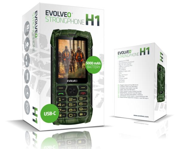 EVOLVEO StrongPhone H1, IP68 odolný Dual SIM telefón, 2, 8" LCD, 5000mAh, Powerbanka, lovec. kamufláž 