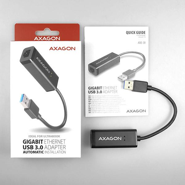 AXAGON ADE-SR, USB-A 3.2 Gen 1 - Gigabit Ethernet sieťová karta, auto inštal, čierna 