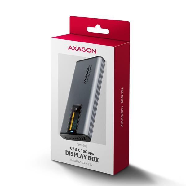 AXAGON EEM2-SD2, USB-C 10Gbps externý box s displejom pre M.2 NVMe/ SATA SSD, bezskrutkový, strieborný 