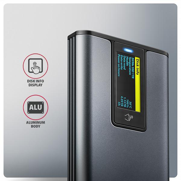 AXAGON EEM2-SD2, USB-C 10Gbps externý box s displejom pre M.2 NVMe/ SATA SSD, bezskrutkový, strieborný 