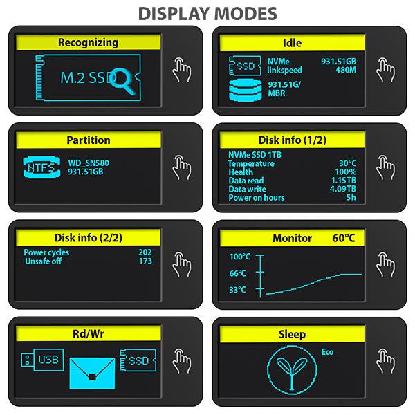 AXAGON EEM2-SD2, USB-C 10Gbps externý box s displejom pre M.2 NVMe/ SATA SSD, bezskrutkový, strieborný 