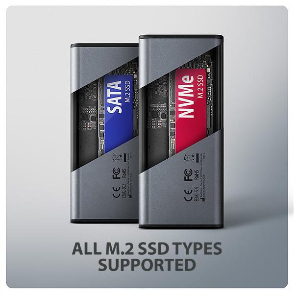 AXAGON EEM2-SD2, USB-C 10Gbps externý box s displejom pre M.2 NVMe/ SATA SSD, bezskrutkový, strieborný 