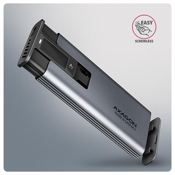 AXAGON EEM2-SD2, USB-C 10Gbps externý box s displejom pre M.2 NVMe/ SATA SSD, bezskrutkový, strieborný 