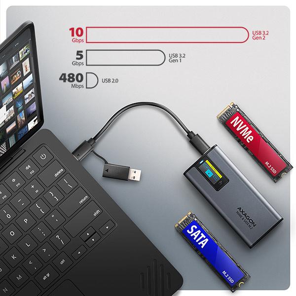 AXAGON EEM2-SD2, USB-C 10Gbps externý box s displejom pre M.2 NVMe/ SATA SSD, bezskrutkový, strieborný 