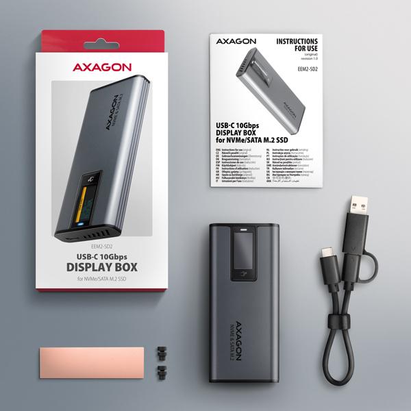 AXAGON EEM2-SD2, USB-C 10Gbps externý box s displejom pre M.2 NVMe/ SATA SSD, bezskrutkový, strieborný 