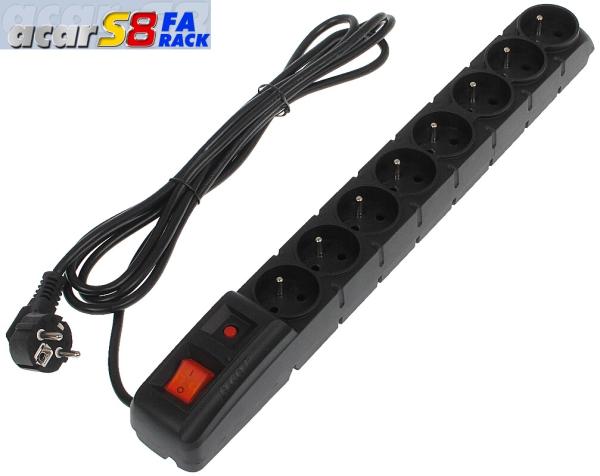 19" napája.panel ACAR S8/ 3m 8x220V Black+prep.ochr.10A