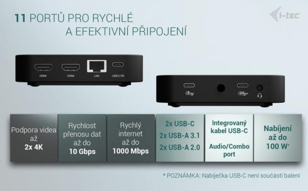 i-tec USB-C Dual HDMI Docking Station, Power Delivery 100W 