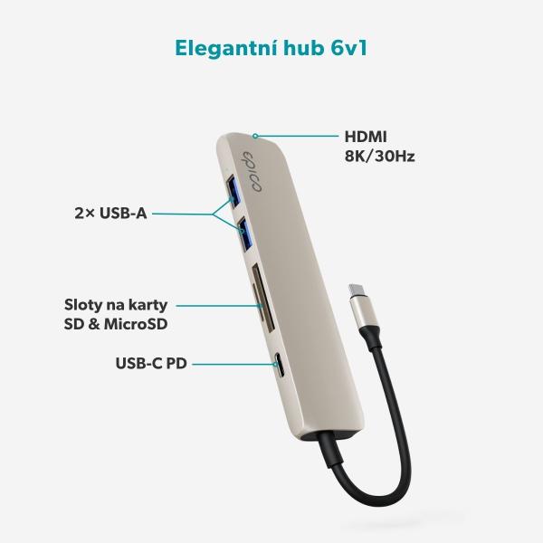 Epico 6v1 hliníkový USB-C 8K hub - hviezdna 