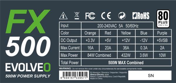 EVOLVEO FX 500, zdroj 500W ATX, 14cm, 80+, White, 3YRW 