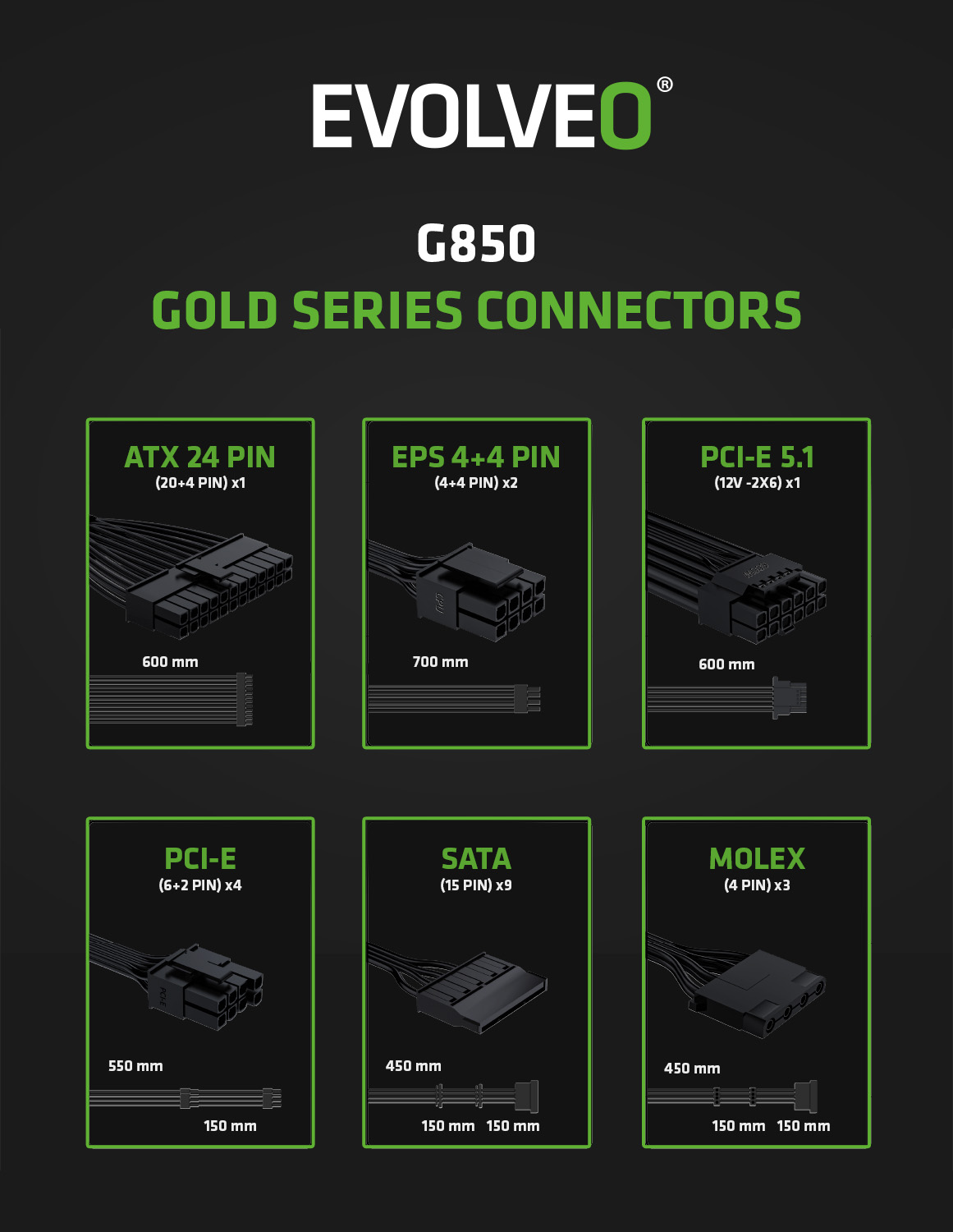 EVOLVEO G850, 850W, ATX 3.1, 14cm, aPFC, 80+GOLD, 3YRW 