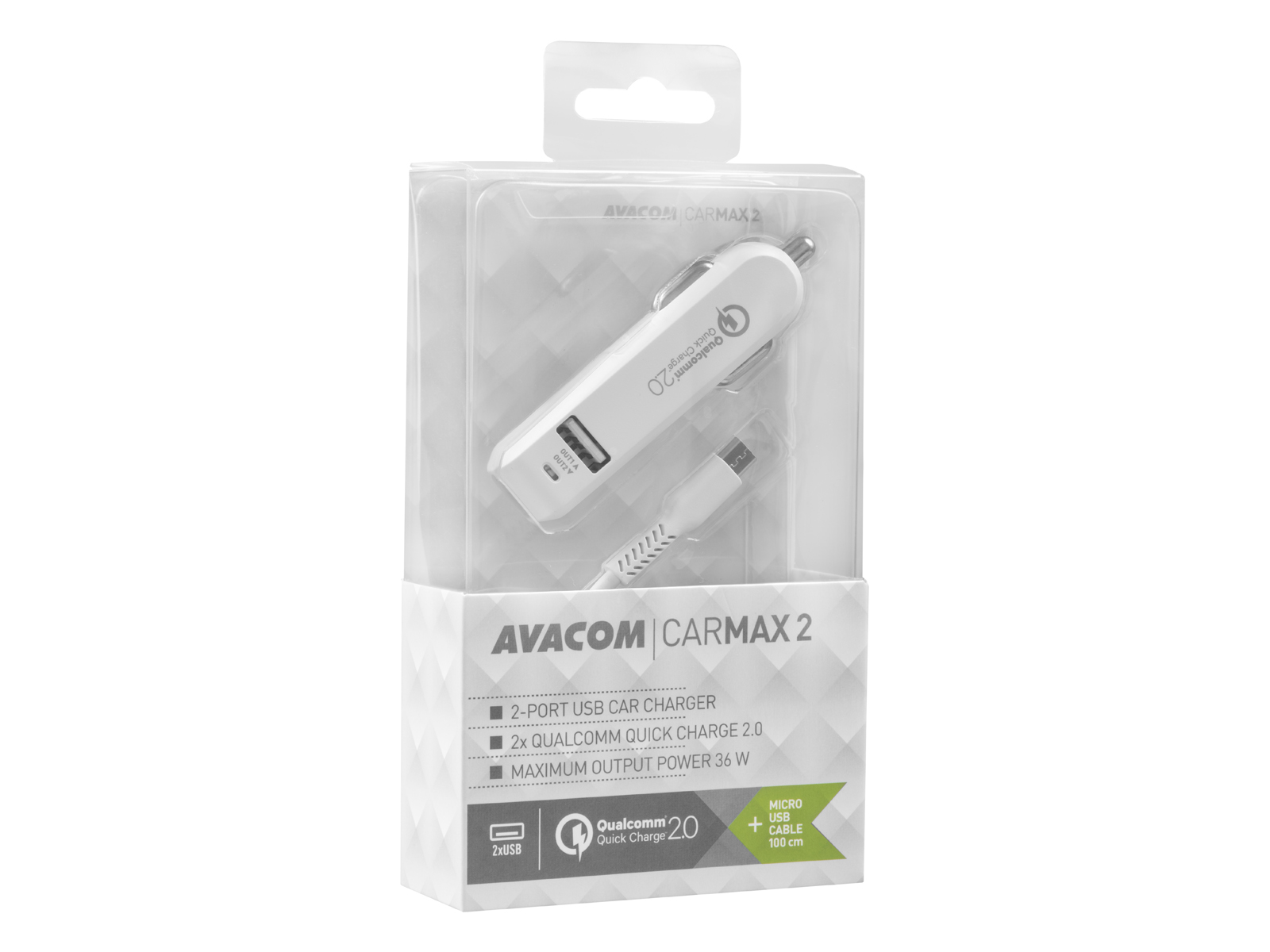AVACOM CarMAX 2 nabíjačka do auta 2x Qualcomm Quick Charge 2.0, biela farba (micro USB kábel) 