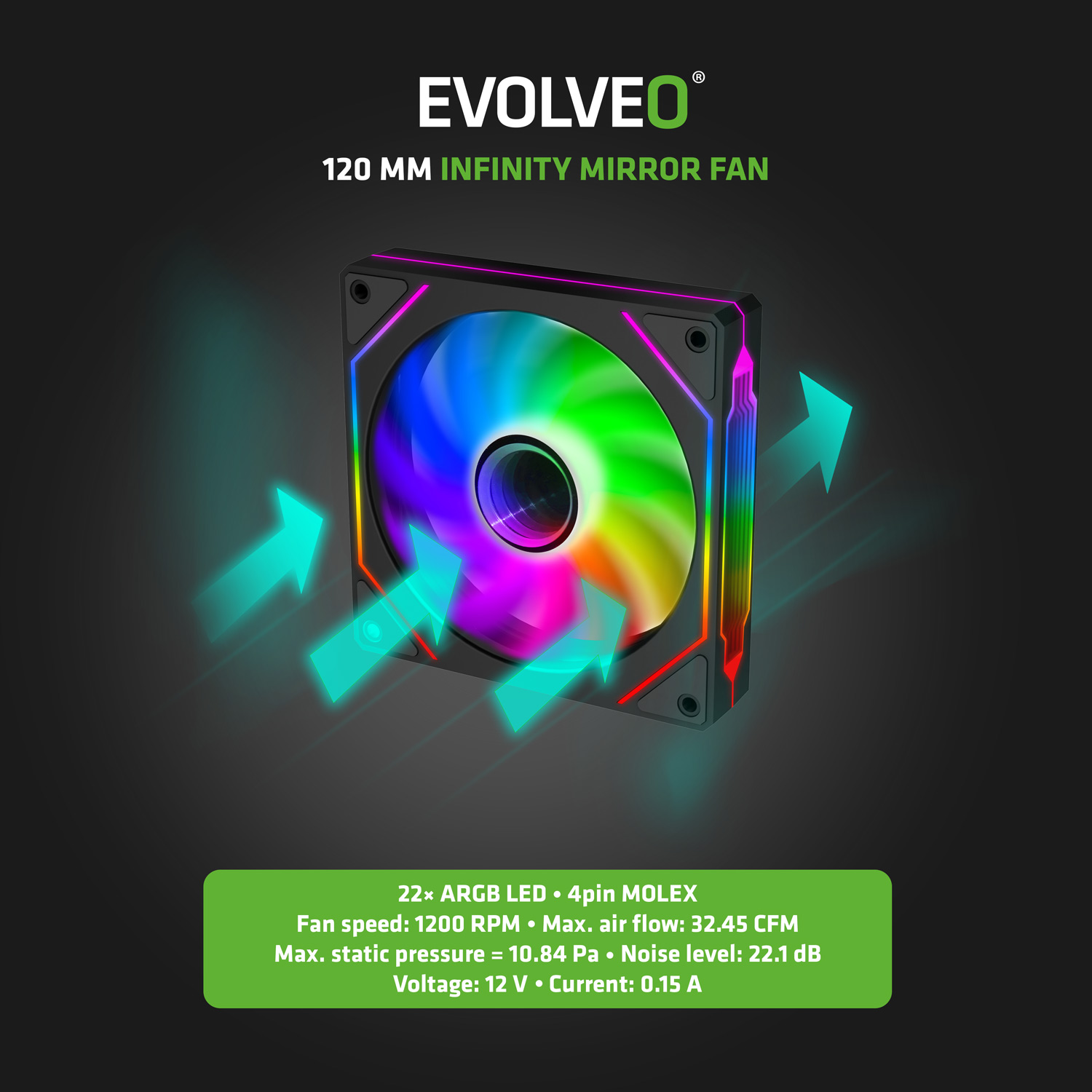 EVOLVEO 120UX-S, ventilátor, 120mm, 4pin molex, ARGB, slave, čierny 