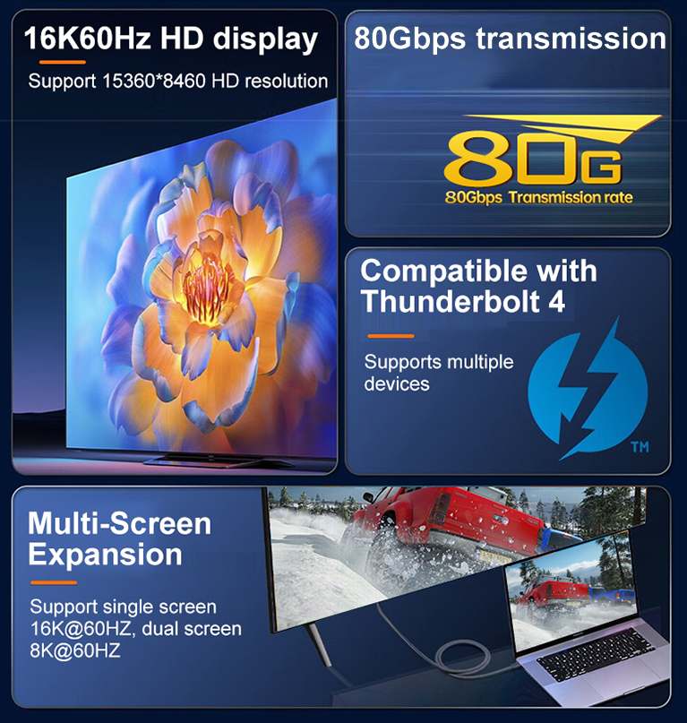 PremiumCord USB4™ Version2.0 80Gbps 16K@60Hz 240W Thunderbolt 3 a 4 kábel zahnutý 1m 