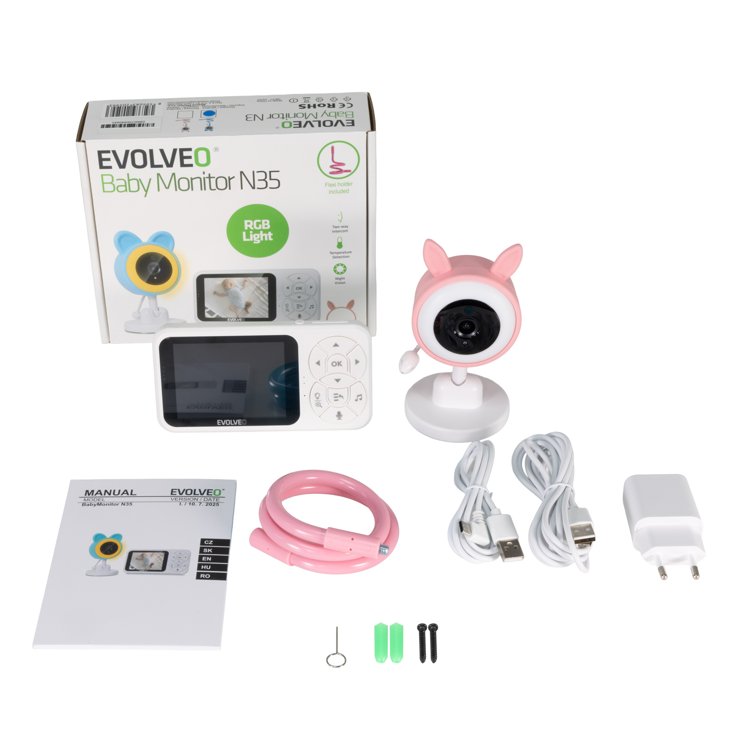 EVOLVEO Baby Monitor N35, detská pestúnka s kamerou, VOX, teplomer, nočné videnie, RGB svetlo, Ružová 