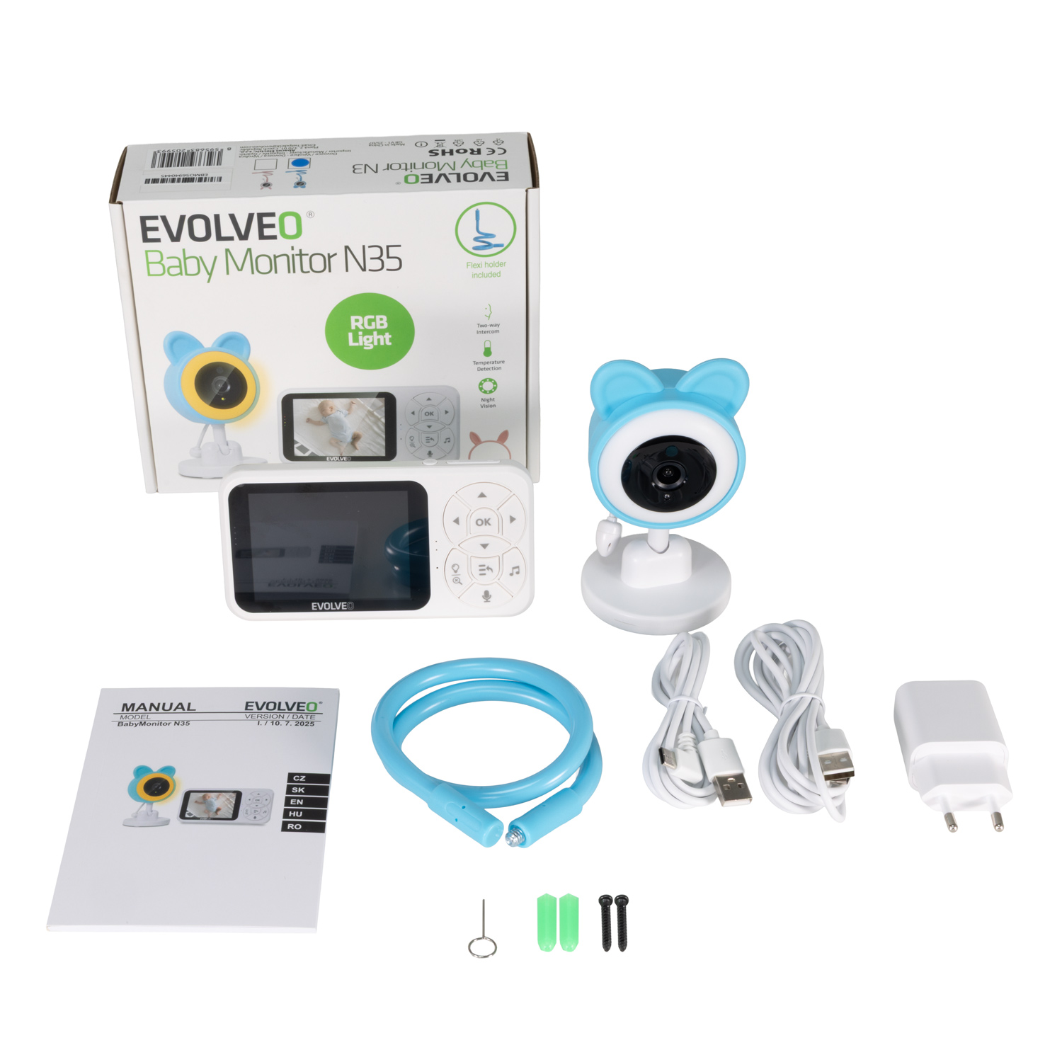 EVOLVEO Baby Monitor N35, detská pestúnka s kamerou, VOX, teplomer, nočné videnie, RGB svetlo, Modrá 