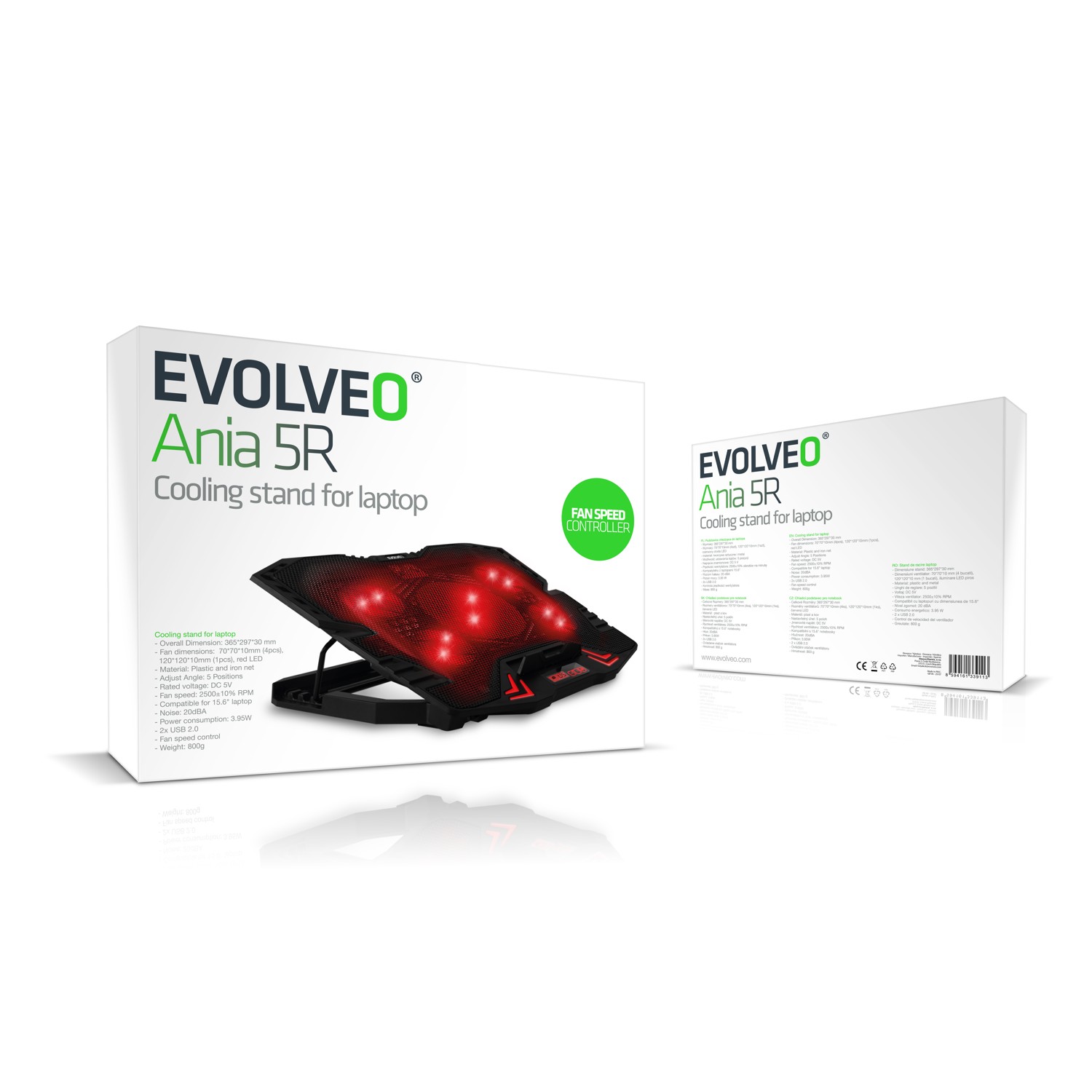 EVOLVEO Ania 5R, chladiaca podložka pre notebook, 5x ventilátor, červené podsvietenie 