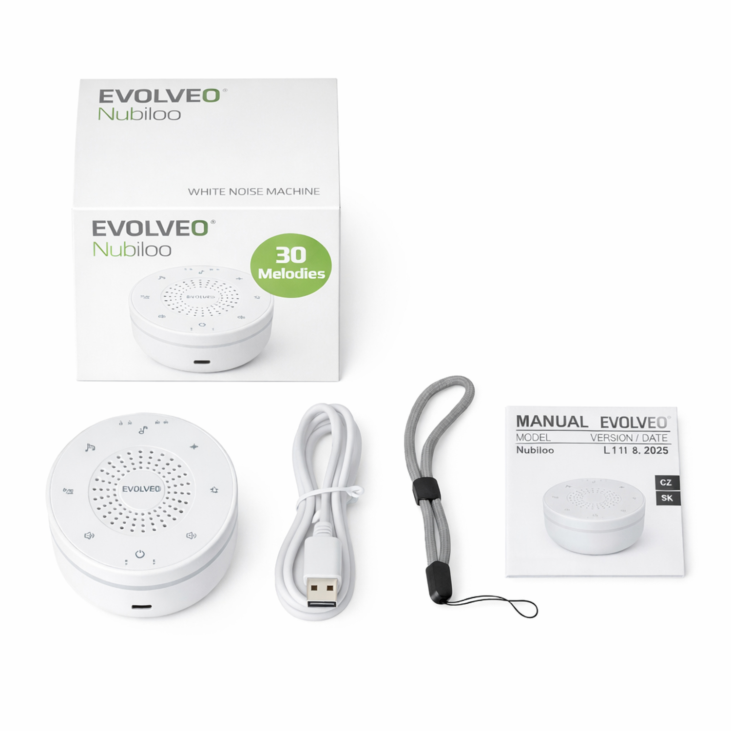 EVOLVEO Nubiloo – uspávací modul s bielym šumom, uspávankami a farebným svetlom na dobrú noc 