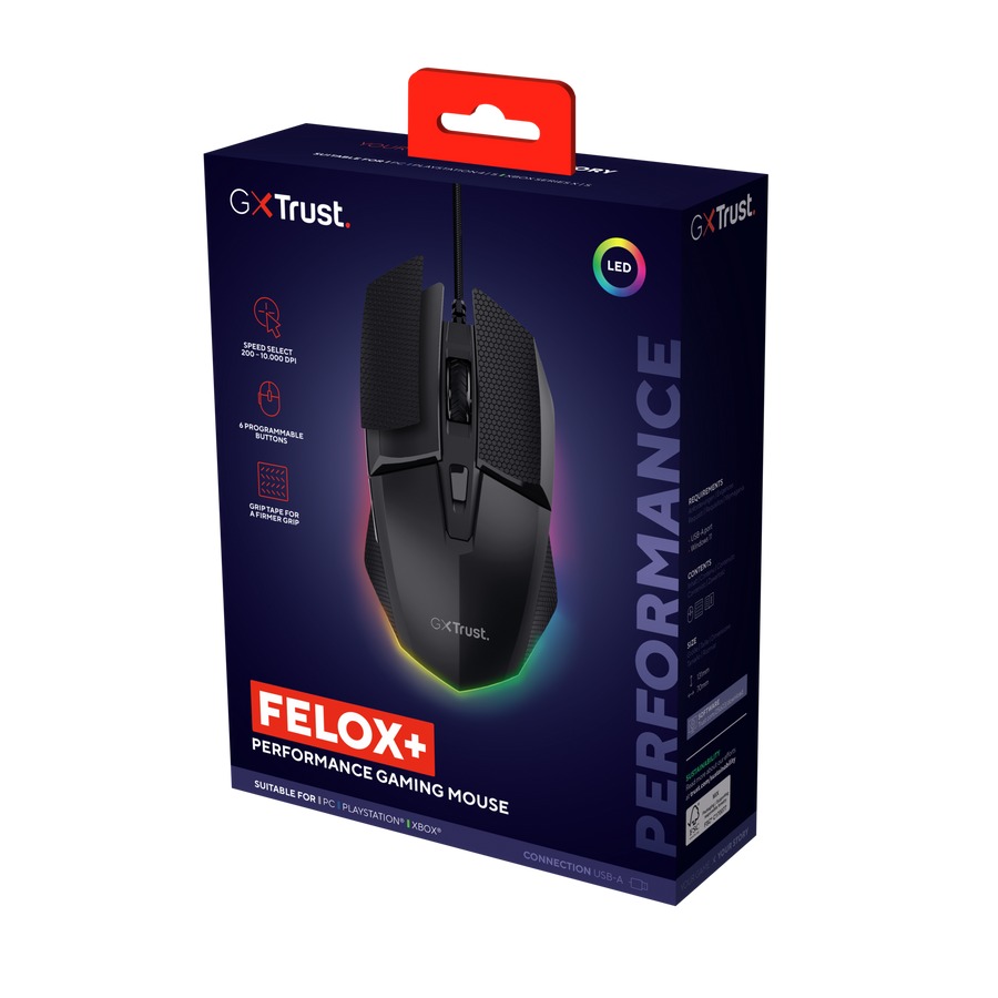 Trust GXT 121 Felox+/ Herná/ Optická/ Pre pravákov/ 10 000 DPI/ Drôtové USB-A/ Čierna 
