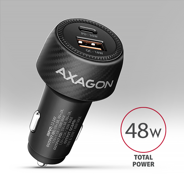 AXAGON PWC-PQ48 nabíjačka do auta 48W, USB-A + USB-C, PD3.0/ PPS/ QC4+/ SFC/ Apple 