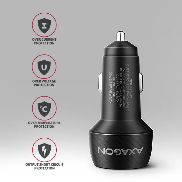AXAGON PWC-PQ48 nabíjačka do auta 48W, USB-A + USB-C, PD3.0/ PPS/ QC4+/ SFC/ Apple 