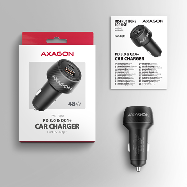 AXAGON PWC-PQ48 nabíjačka do auta 48W, USB-A + USB-C, PD3.0/ PPS/ QC4+/ SFC/ Apple 