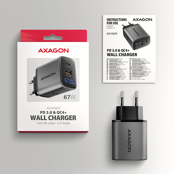 AXAGON ACU-PQ67D GaN nabíjačka do siete 67W, USB-A+USB-C, PD3.0/ PPS/ QC4+/ SFC2.0/ Apple, LCD display 