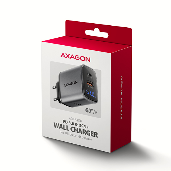 AXAGON ACU-PQ67D GaN nabíjačka do siete 67W, USB-A+USB-C, PD3.0/ PPS/ QC4+/ SFC2.0/ Apple, LCD display 
