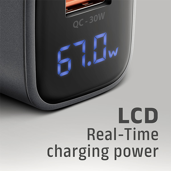 AXAGON ACU-PQ67D GaN nabíjačka do siete 67W, USB-A+USB-C, PD3.0/ PPS/ QC4+/ SFC2.0/ Apple, LCD display 