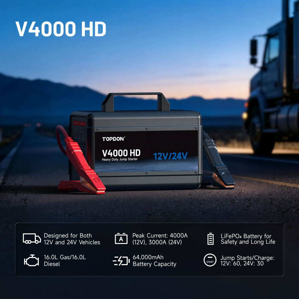 TOPDON Car Jump Starter V4000 HD/ 3000A (24V)/ 4000A (12V)/ 24000mAh/ 16l benzín/ 16l diesel/ LED svetlo | 