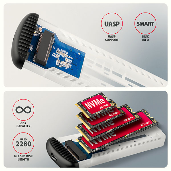 AXAGON EEM2-SC, USB-C 10Gbps externý box pre M.2 NVMe SSD, bezskrutkový, rebrovaný hliník 
