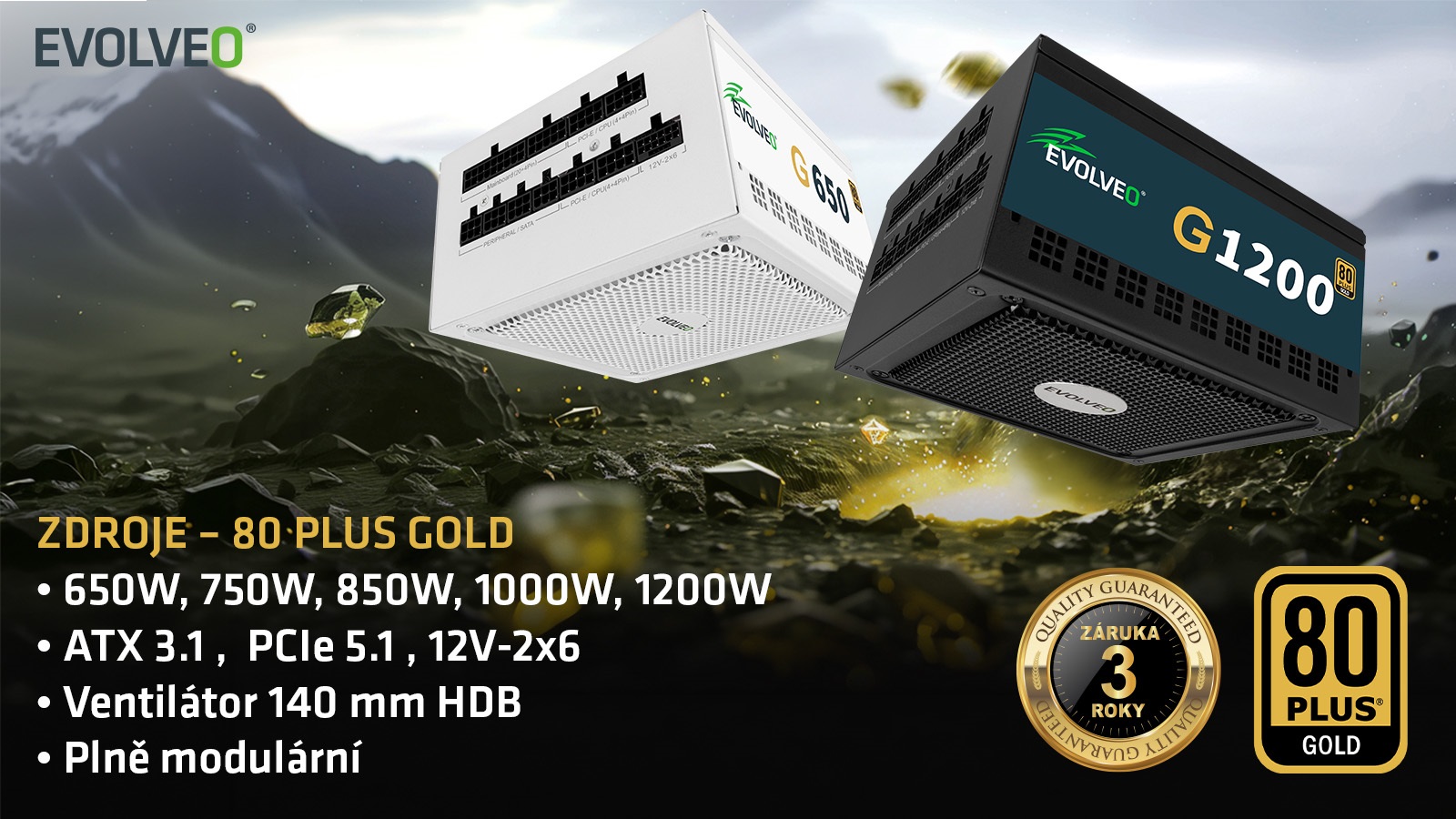 EVOLVEO G650, zdroj 650W, ATX3.1, 14cm, aPFC, 80 + GOLD, 3YRW 