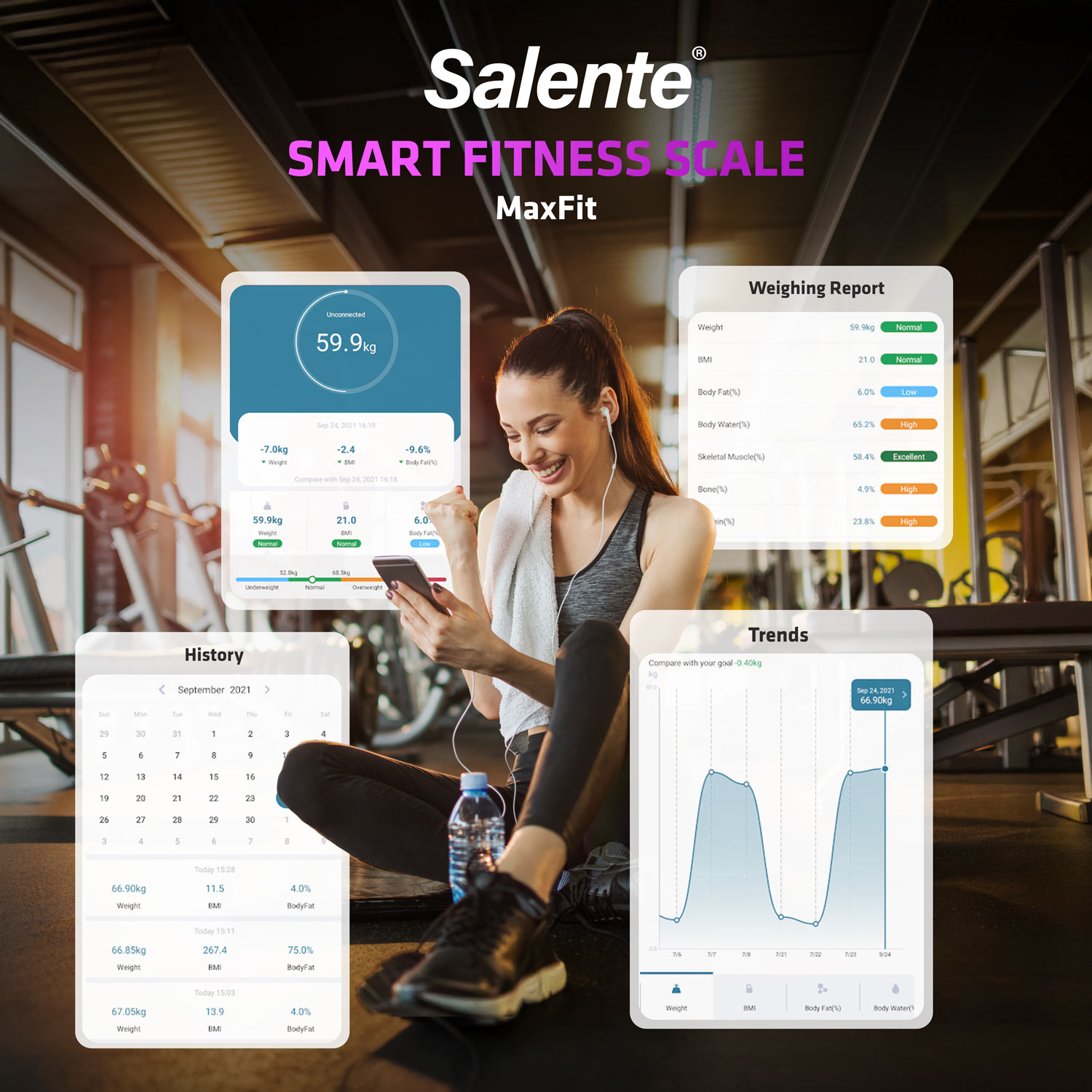 Salente MaxFit, múdra osobná diagnostická fitness váha, Bluetooth, čierna 