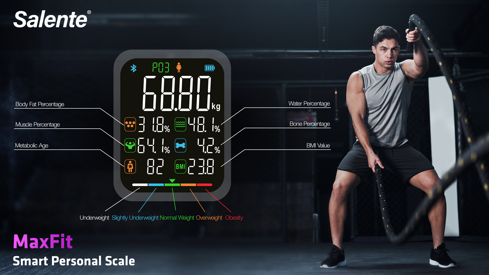 Salente MaxFit, múdra osobná diagnostická fitness váha, Bluetooth, čierna 