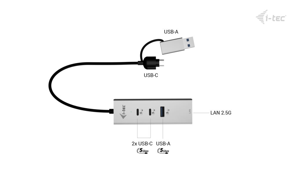 i-tec USB-C/ USB-A Metal HUB 3 (2x USB-C, 1x USB-A) Port + 2.5GLAN 